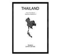 Nacnic Feuille carte Thaïlande. Photos, impressions et affiches pour le salon, la chambre à coucher... Style nordique en noir et blanc. Poster de pays et continents. Format A3 sans cadre.
