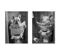 Nacnic Lot De 2 Affiches Animaux Avec Journal Sur Les Toilettes, Chien, Cochon, Illustration Imprimée Noir Et Blanc En Style N/B Pour Décorer Les Murs Des Toilettes, Wc A4 Sans Cadre
