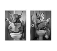 Nacnic Lot De 2 Affiches Animaux Avec Journal Sur Les Toilettes, Taureau, Renard, Illustration Imprimée En Noir Et Blanc En Style N/B Pour Décorer Les Murs DesToilettes, Wc A4 Sans Cadre