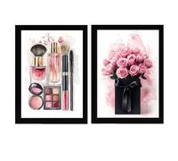 Nacnic Lot De 2 Affiches De Maquillage, Cosmétiques, Fleurs Roses, Illustration Imprimée Pour Décorer Les Murs Des Toilettes, Salle D'Eau, Toilettes, Dressing, Salon A4 Cadre Noir
