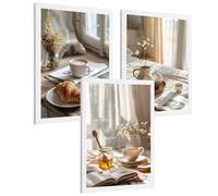 Nacnic Lot De 3 Affiches Café Et Petit-Déjeuner Tableaux Croissant Miel Et Thé Ambiance Cosy Déco Cuisine A4 Cadre Blanc