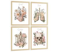 Nacnic Lot De 4 Affiches Anatomie Humaine Florale Posters Et Tableaux Avec Cœur Poumons Squelette Et Crâne Style Moderne Élégant Décoration Murale Médicale Taille A4 Cadre En Bois Léger