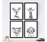 Nacnic Lot de 4 feuilles d'animaux enfants avec fleurs et lunettes, au format A4, Papier affiche 250 gr de haute qualité. sans cadre.