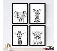 Nacnic Lot de 4 feuilles illustrées d'Animaux pour enfants noir et blanc, au format A4, papier affiche 250 gr sans cadre.