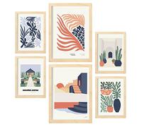 Nacnic Lot de 6 Affiches Minimalisme aux Couleurs Pastel. Jardin joyeux. Impressions de paysage et de nature pour la décoration intérieure et la décoration. A3 & A4, cadres en bois.