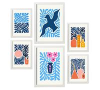 Nacnic Lot de 6 affiches Minimalisme aux couleurs vives. Feuilles bleues. Impressions de paysage et de nature pour la décoration intérieure et la décoration. A3 et A4, cadres blancs.