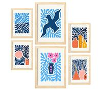 Nacnic Lot de 6 affiches Minimalisme aux couleurs vives. Feuilles bleues. Impressions de paysage et de nature pour la décoration intérieure et la décoration. A3 & A4, cadres en bois.