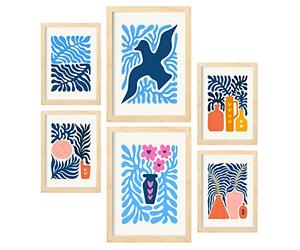 Nacnic Lot de 6 affiches Minimalisme aux couleurs vives. Feuilles bleues. Impressions de paysage et de nature pour la décoration intérieure et la décoration. A3 & A4, cadres en bois.