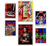 Nacnic Lot de 6 Grafiti Pop Mona Lisa Warhol Bowie Basquiat Feuille encadrée avec illustration design pour décorer les murs de maison. Chambre bureau, boutique A3 et A4 Cadre blanc