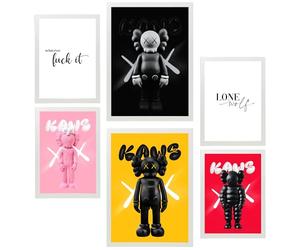 Nacnic Lot de 6 Kaws emblématique coloré Feuille encadrée avec illustration design pour décorer les murs de maison. Chambre bureau A3 et A4 Cadre blanc