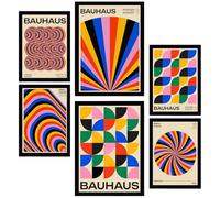 Nacnic Lot de 6 Peinture décorative Bauhaus géométrique couleurs et formes vibrantes Feuille encadrée avec illustration design pour décorer les murs de maison bureau A3 & A4 Cadre noir