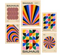 Nacnic Lot de 6 Peinture décorative Bauhaus géométrique couleurs et formes vibrantes Feuille encadrée avec illustration design pour décorer les murs de maison bureau A3 & A4 Cadre en bois clair