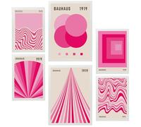Nacnic Lot de 6 Peinture décorative Couleurs vibrantes Bauhaus géométriques rose fuchsia Feuille encadrée avec illustration design pour décorer les murs de maison bureau A3 & A4 Cadre blanc
