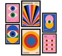 Nacnic Lot de 6 Peinture décorative Formes et yeux géométriques Bauhaus Feuille encadrée avec illustration design pour décorer les murs de maison bureau A3 & A4 Cadre noir