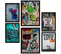 Nacnic Lot de 6 Peinture décorative Graffiti, Street Art Plein De Couleurs. Réclamation de pochoir mural Feuille encadrée avec illustration design pour décorer les murs de maison A3 & A4 Cadre noir