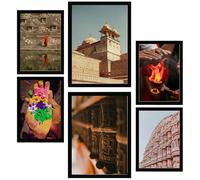 Nacnic Lot de 6 Peinture décorative Inde, Asie Photographies Feuille encadrée avec illustration design pour décorer les murs de maison bureau A3 & A4 Cadre noir