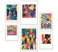 Nacnic Lot de 6 Peinture décorative Matisse Fauvisme coloré Feuille encadrée avec illustration design pour décorer les murs de maison bureau A3 & A4 Cadre blanc