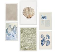 Nacnic Lot de 6 Peinture décorative Plage, mer, océan Feuille encadrée avec illustration design pour décorer les murs de maison bureau A3 & A4 Cadre blanc