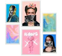 Nacnic Lot de 6 Pop Art emblématique de Frida Van Gogh Feuille encadrée avec illustration design pour décorer les murs de maison. Chambre bureau, boutique A3 et A4 Cadre blanc