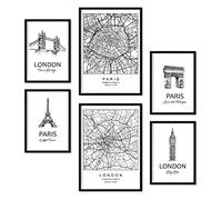 Nacnic lot de 6 posters avec illustrations de Paris et Londres. Collection de feuilles avec des dessins nordiques en noir et blanc pour la décoration intérieure. Formats A3 et A4. Sans cadre.