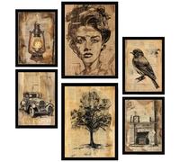 Nacnic Lot de 6 Secrets de vie vintage. Femme, Oiseau Voiture, Accueil Feuille encadrée avec illustration design pour décorer les murs de maison. Chambre bureau A3 et A4 Cadre noir