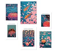 Nacnic | Lot de 6 Tableau Decoration Murale Affiche Décoration Chambre Yayoi Kusama | affiche decoration murale |Poissons, citrouille, grenouille, fleur |Art contemporain et vibrant |A3-A4 sans cadres