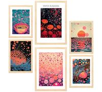 Nacnic Lot de 6 Vague Kusama Feuille encadrée avec illustration design pour décorer les murs de maison. Chambre bureau, boutique A3 et A4 Cadre en bois clair