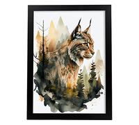 Nacnic Lynx dans la forêt Affiche en impression de style aquarelle Illustration d'animaux dans l'art mural de paysage naturel pour le salon la chambre d'intérieur Modèle 2 A3 avec cadre noir