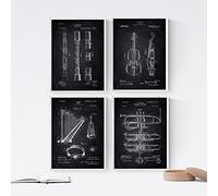 Nacnic NOIR - Paquet de 4 feuilles avec brevets instruments de musique. Définir des affiches avec des inventions et des anciens brevets