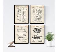 Nacnic - Pack 4 Fiches Brevets Outils- Affiche Inventions et Anciens Plans Style Vintage. Amateurs de bricolage ; Choisissez la couleur que vous aimez. A4 sans cadre.
