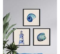 Nacnic Pack de 3 photos pour encadrer LA MER BLEUE. Affiches avec des images de la mer. Coquille, phare et conque. Décoration d'intérieur. Papier de haute qualité 250 grs, 30X30Cm sans cadre.