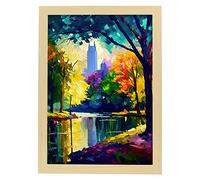 Nacnic Parc central Affiche de style peinture à l'huile. Illustrations de monuments et de villes en style photographique couleur. Design d'intérieur et décoration. A3 avec cadres en bois clair.