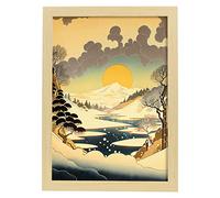 Nacnic Rivière gelée Affiche dans le style japonais Ukiyo. Paysages abstraits et surréalistes dans les illustrations d'art oriental. Design d'intérieur et décoration. A3 avec cadres en bois.