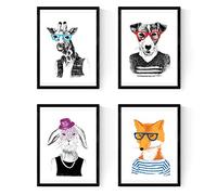 Nacnic Set de 4 affiches Hipster Animaux. Décoration murale de style portrait de girafes, renards, lapins et chiens. Images créatives variées d'animaux cool portant des lunettes.