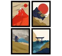 Nacnic | Set de 4 affiches murales : Paysages japonais | affiche decoration murale | Mont Fuji, torii, pagode, soleil rouge | Style japonais minimaliste |A4 sans cadres