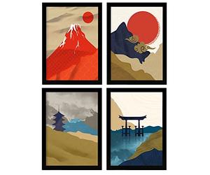 Nacnic | Set de 4 affiches murales : Paysages japonais | affiche decoration murale | Mont Fuji, torii, pagode, soleil rouge | Style japonais minimaliste |A4 sans cadres