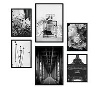 Nacnic | Set de 6 affiches murales : Paris & élégance | affiche decoration murale | Tour Eiffel, parfum, fleurs, architecture | Noir et blanc chic | A3 et A4 sans cadres | Tableau Decoration