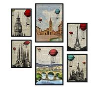 Nacnic SET DE 6 POSSIÈRES DE VILLES VINTAGES. Collection de plaques avec collage esthétique pour la décoration d'intérieur. Tailles A3 et A4. Avec cadre noir.