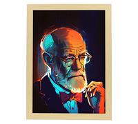 Nacnic Sigmund Freud Affiche en style Portrait en Couleur. Illustrations de dessins animés d'inventeurs et de créateurs célèbres. Design d'intérieur et décoration. A3 avec cadres en bois.