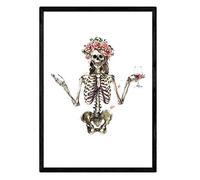 Nacnique Skeleton Lamina fille avec vin et fleurs. Affiches avec des images de crânes. Taille A3 avec cadre