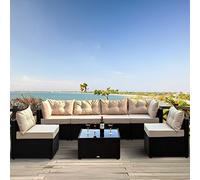 CONCEPT USINE | Salon de Jardin 5 Places Modulable | Design NACULA Noir en Résine Tressée | Table Basse en Verre Trempé | Coussins Beige Confortables | Style Moderne | Résistant, Idéal pour Extérieur