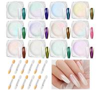 Nadinsta Lot de 12 boîtes de poudre à ongles nacrée chromée avec 12 pinceaux, effet clair de lune, effet sirène pour ongles