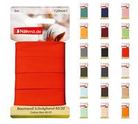 Nähmit Ruban biais en coton pour carte de 5 m, 100 % coton, 20 mm de large, 40/20 pré-repassé (A09, rouge, carte de 5 m)