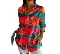 NAFING Chemisiers et Blouses Femme Manche Longue Chemise Col Rever Coton Lin Été Respirant Shirt à Imprimé Ethnique Bouton Blouse Coupe Ample Exotique Tunique Tops