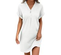 NAFING Robe Chemise Femme Lin Casual Ample Chic Elegant Robe avec Boutons Grandes Tailles Ete Tunique Pas Cher Col en V Robes Lin Dress pour FêTe Vacances