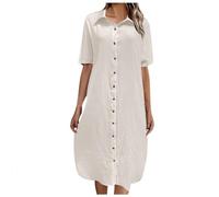 NAFING Robe De Plage Femme Coton Lin Couleur Unie Grande Taille Tunique Robe Longue Femme Ete Col en V Tunique avec Boutons Longue Élégante Mi-Longue Robes Lin pour Plage