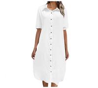 NAFING Robe De Plage Femme Coton Lin Couleur Unie Grande Taille Tunique Robe Longue Femme Ete Col en V Tunique avec Boutons Longue Élégante Mi-Longue Robes Lin pour Plage