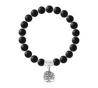 Nàgàrjuna - Bracelet d'Harmonie ARBRE de VIE - Agate Noire Matte Naturelle 8 mm - Argent 925 - Élastique Haute Résistance - Bijou Homme Femme