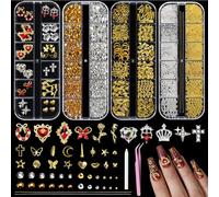 Nagel Art Strassstein avec Charms Strass, 4 Boîtes avec Charms Or pour Ongles, Perles Strass et Outils pour Ongles, Kit Ornementation 3D pour Manucure DIY