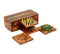 Nagina International Boîte Artisanale en Bois Multi-Jeux 4 en 1 | Tic Tac | Jeu d'échecs | Marbres | Domino | Plateau de Boules d'acier